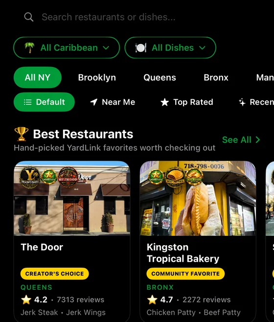Borough filters, sort options and the curated Best Restaurants shelf inside YardLink Eats