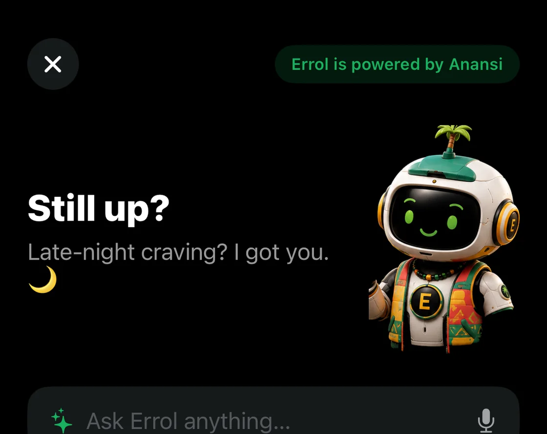 The Errol screen, headed Errol is powered by Anansi, greeting the user with a late night prompt