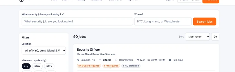 The GuardLink search bar asking what security job you are looking for and where