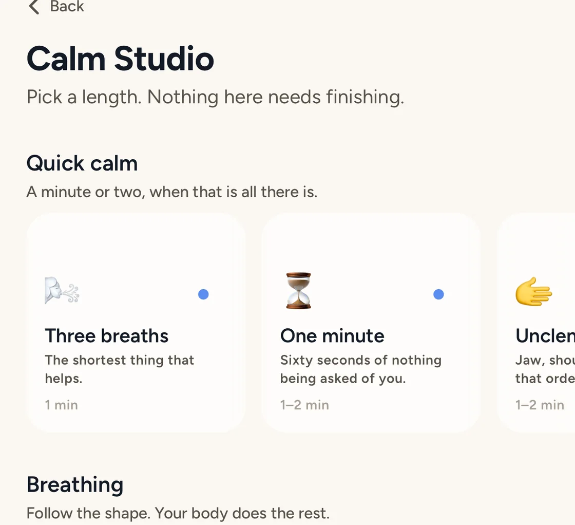 The Calm Studio screen offering three breaths, one minute and unclench exercises