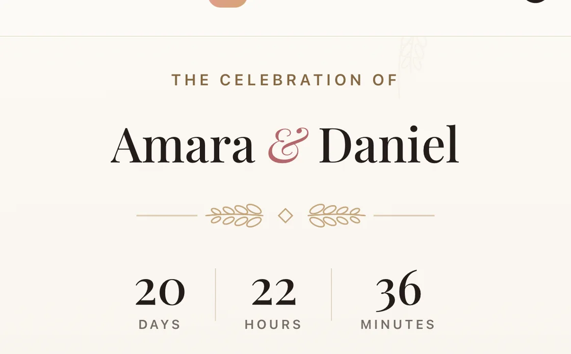 A live countdown showing days, hours and minutes above the wedding date and venue