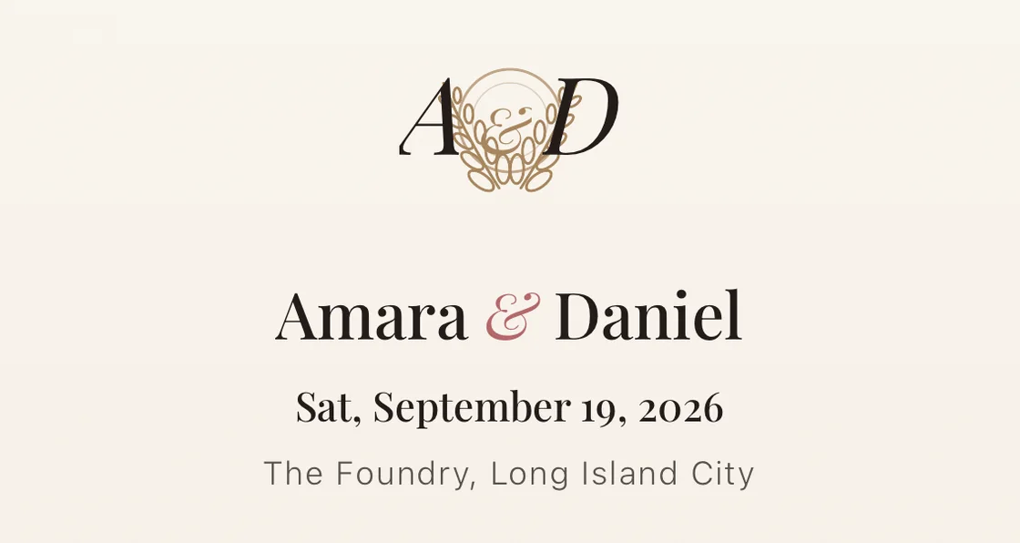 A generated monogram above the couple's names, the wedding date and the venue