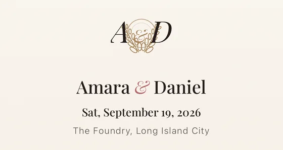 A WedLink invitation with a generated monogram, the couple's names, the date and the venue