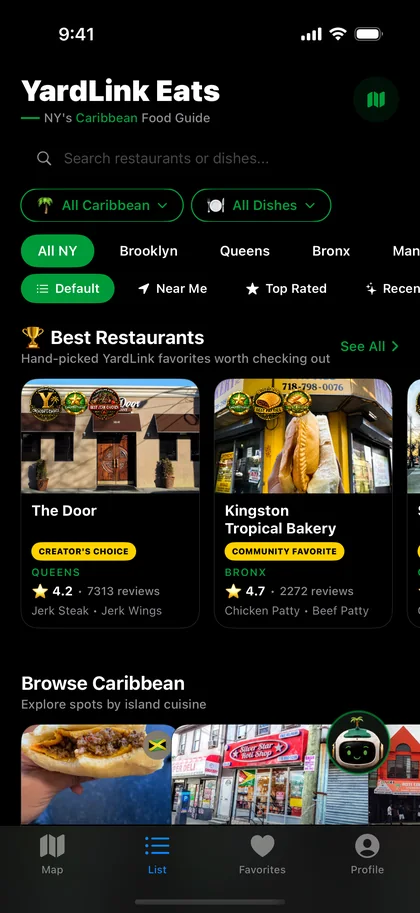YardLink Eats discovery screen on iPhone, showing borough filters and the curated Best Restaurants shelf