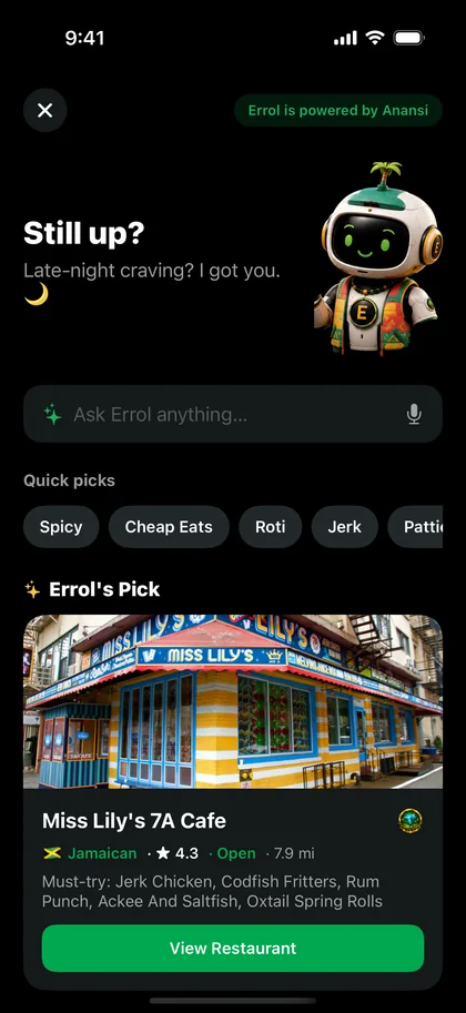 Errol's Pick, showing a Jamaican restaurant with its rating, open state and distance
