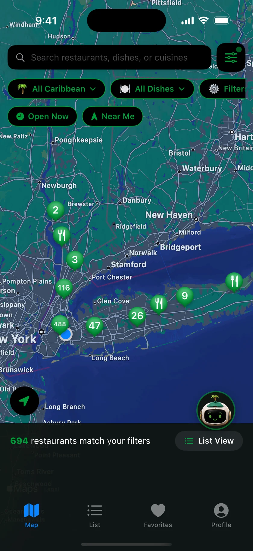 The YardLink Eats map with clustered green pins across New York City, Westchester and Long Island, reading 694 restaurants match your filters