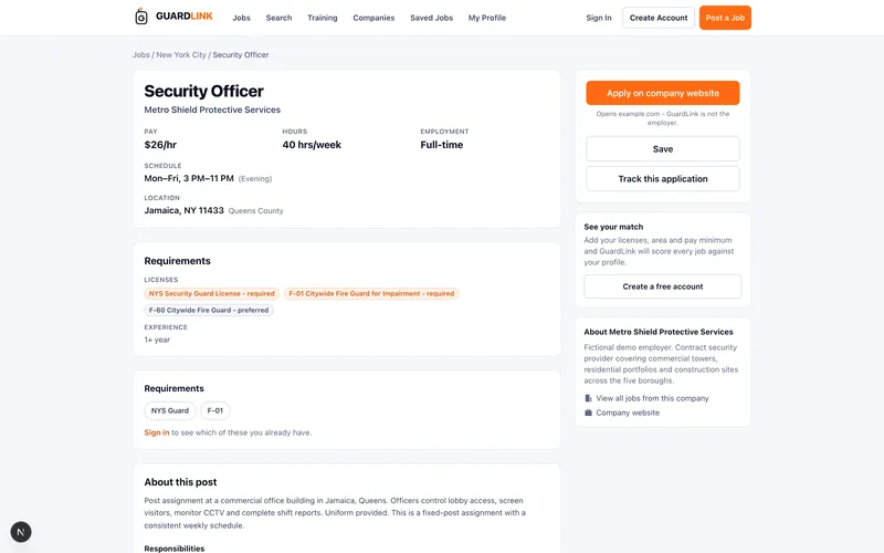 A GuardLink job detail page