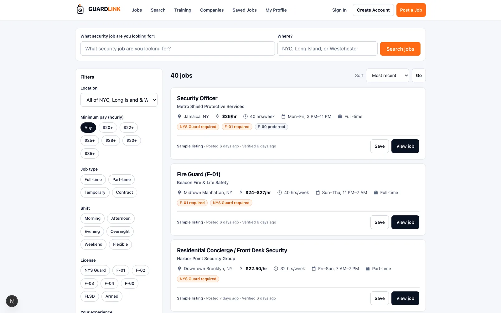 The GuardLink job board, showing filters for pay, job type, shift and licence alongside structured job listings