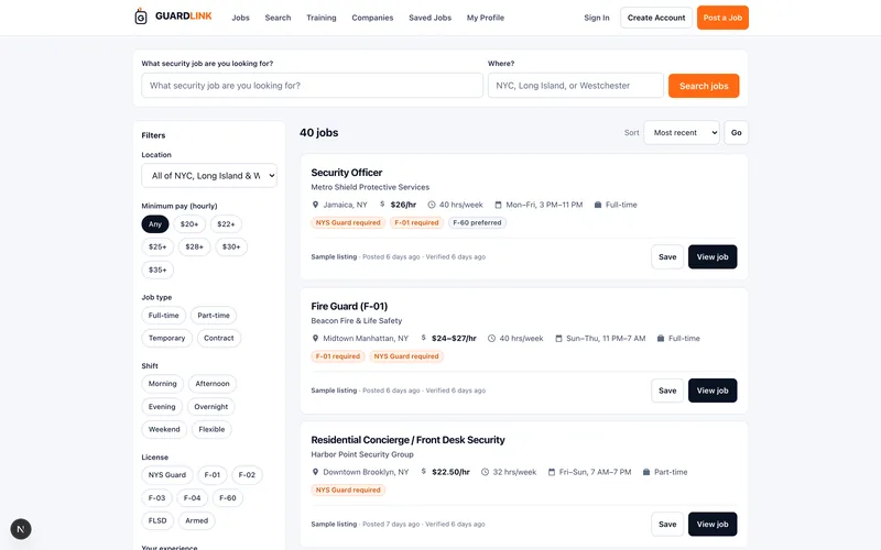 The GuardLink job board with filters for pay, shift, job type and licence