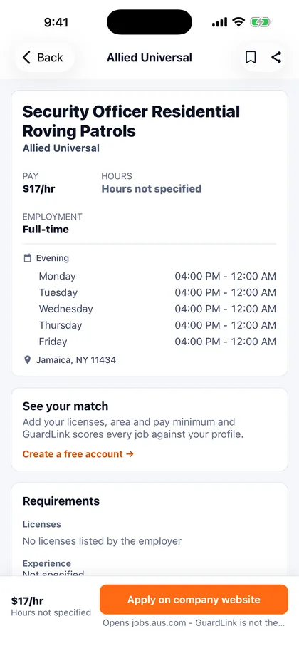 The GuardLink native app job detail screen