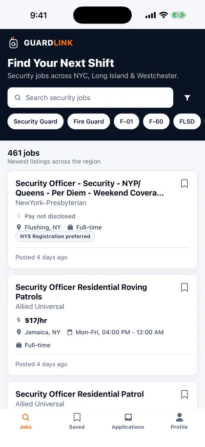 The GuardLink native app job list