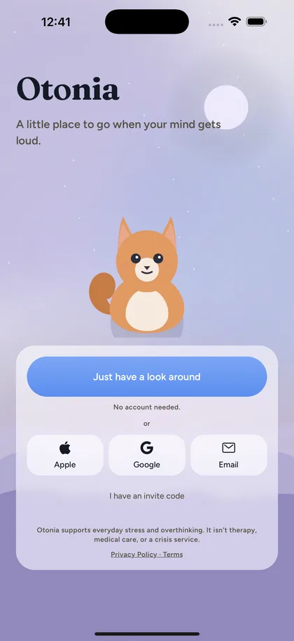The Otonia welcome screen