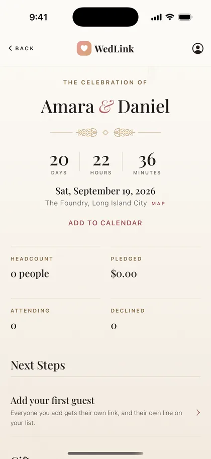 The WedLink organiser dashboard