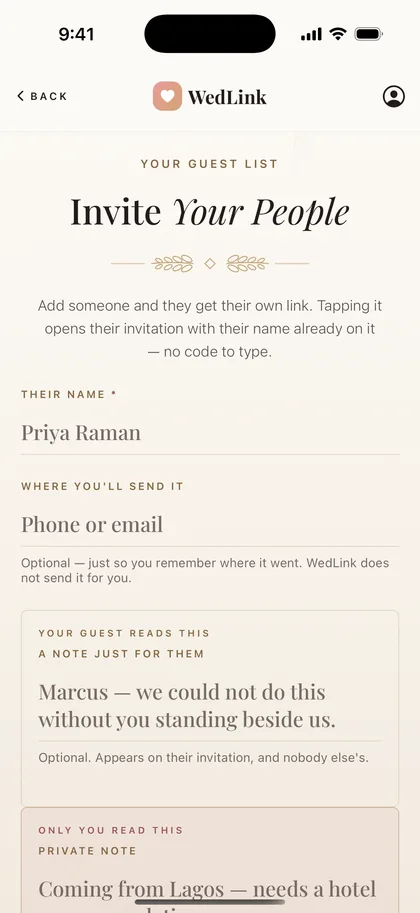 The invite a guest screen showing a personal note and a private note