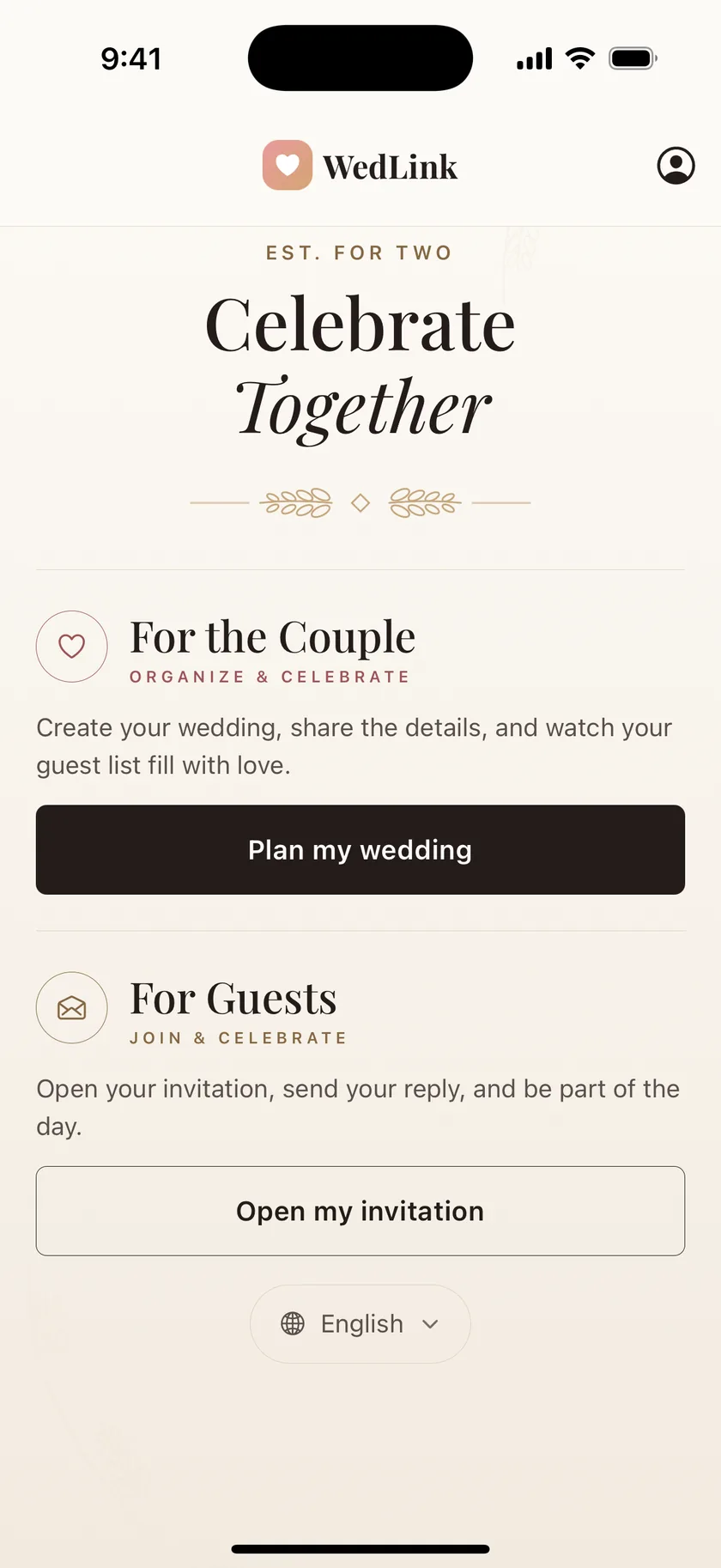 The WedLink welcome screen, with one path for the couple and one for guests, and a language picker
