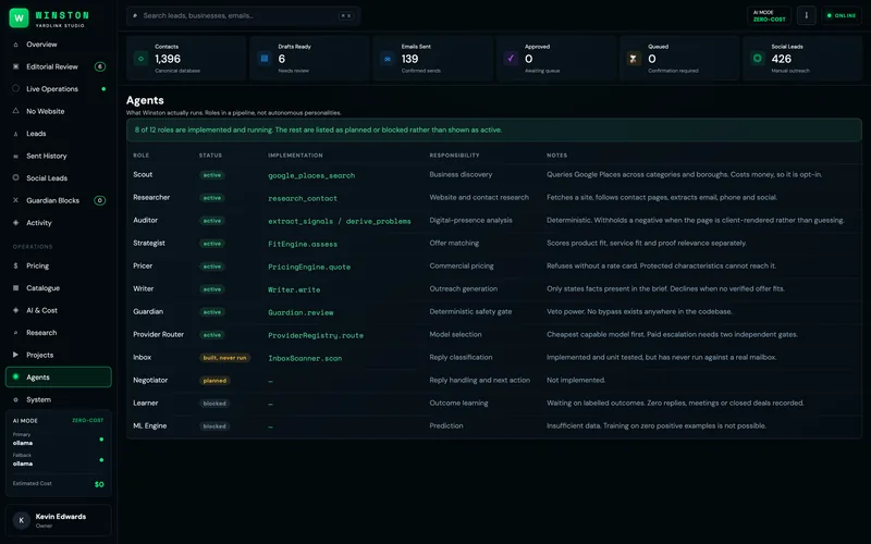 The Winston outreach console showing agent activity