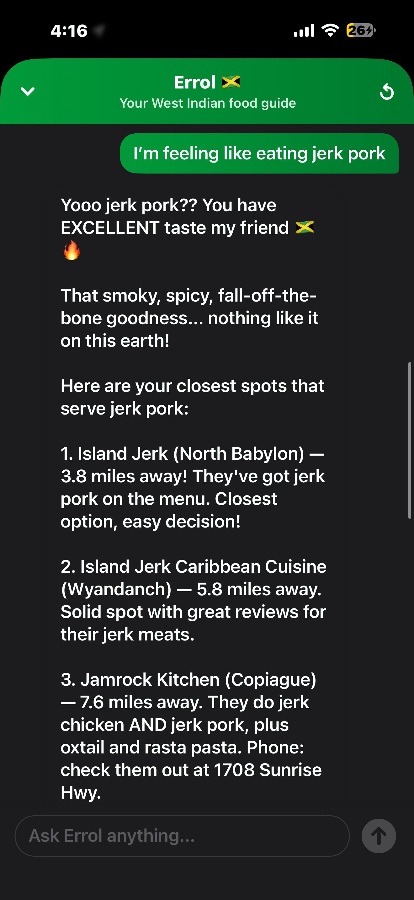 Errol AI chatbot recommending restaurants