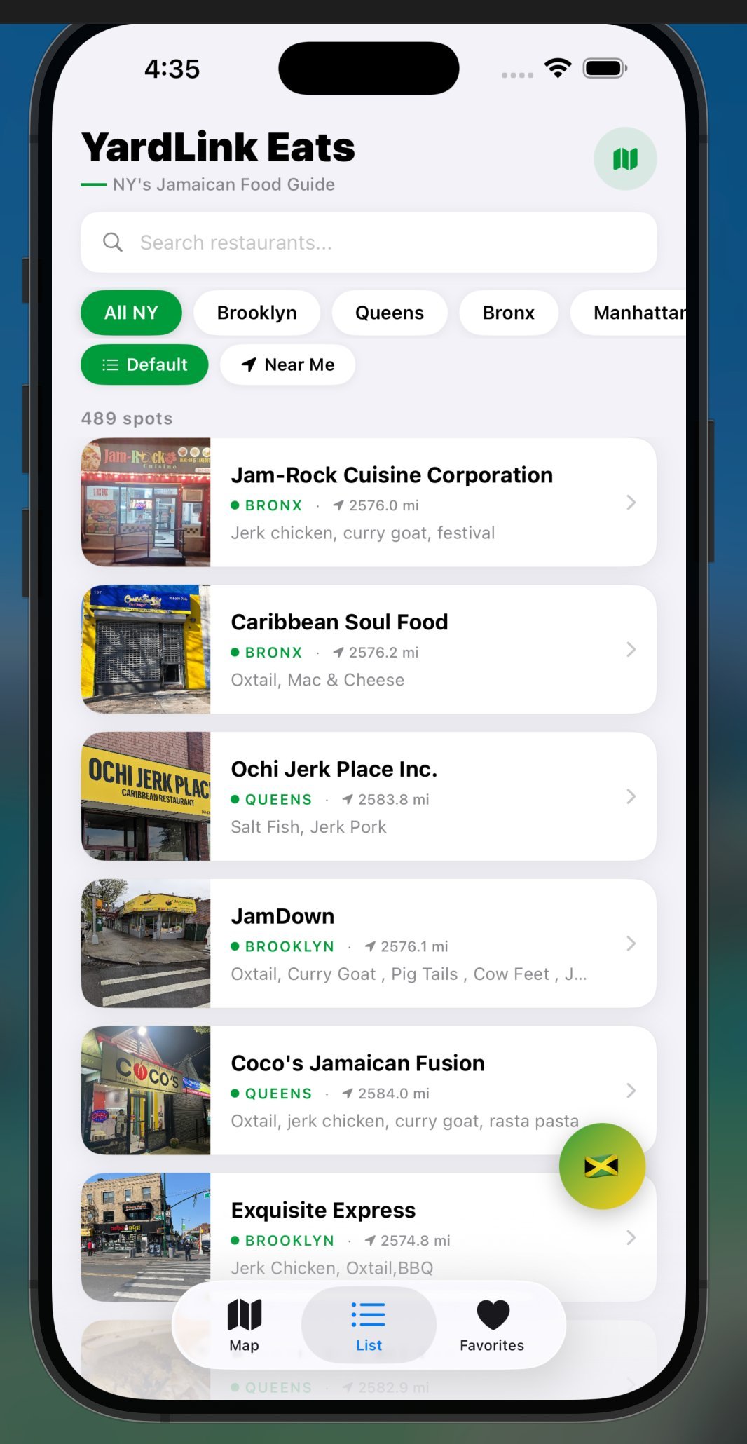 YardLink Eats list view showing 489 restaurants