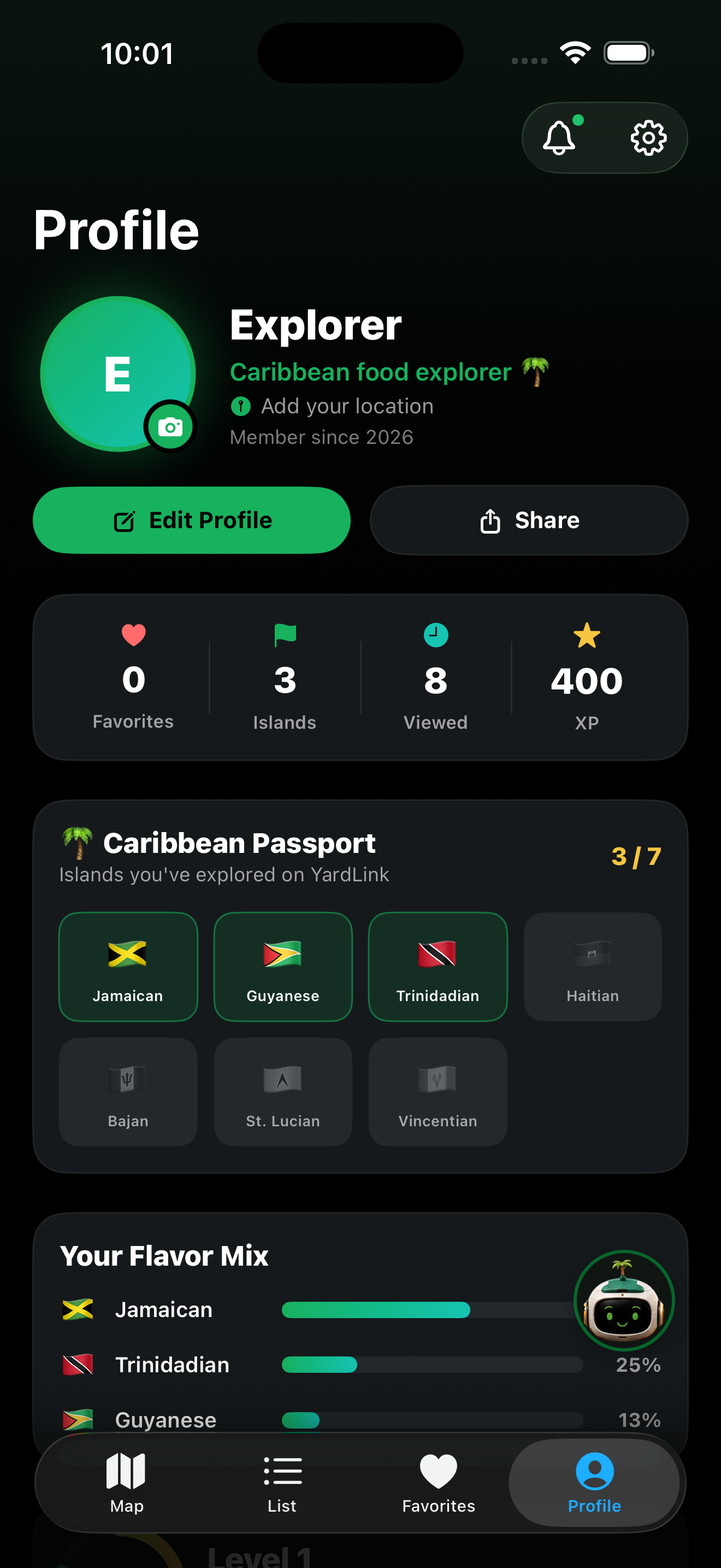 Profile screen with the Caribbean Passport — islands unlocked, XP and flavour mix