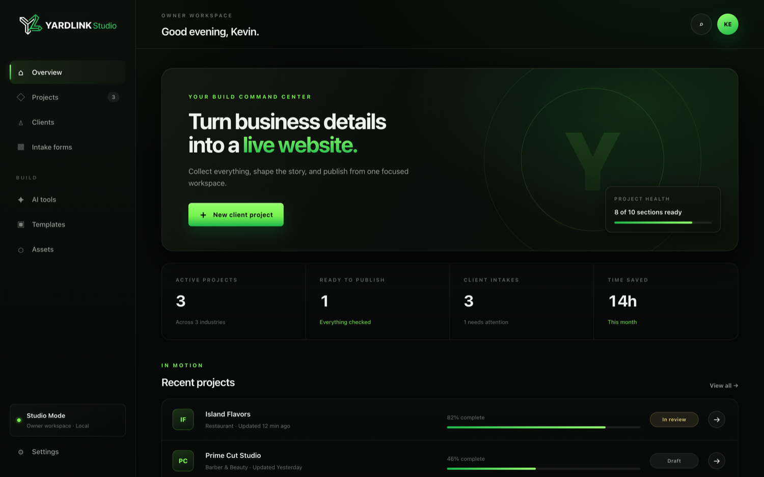 YardLink Studio Website Builder — Owner Workspace